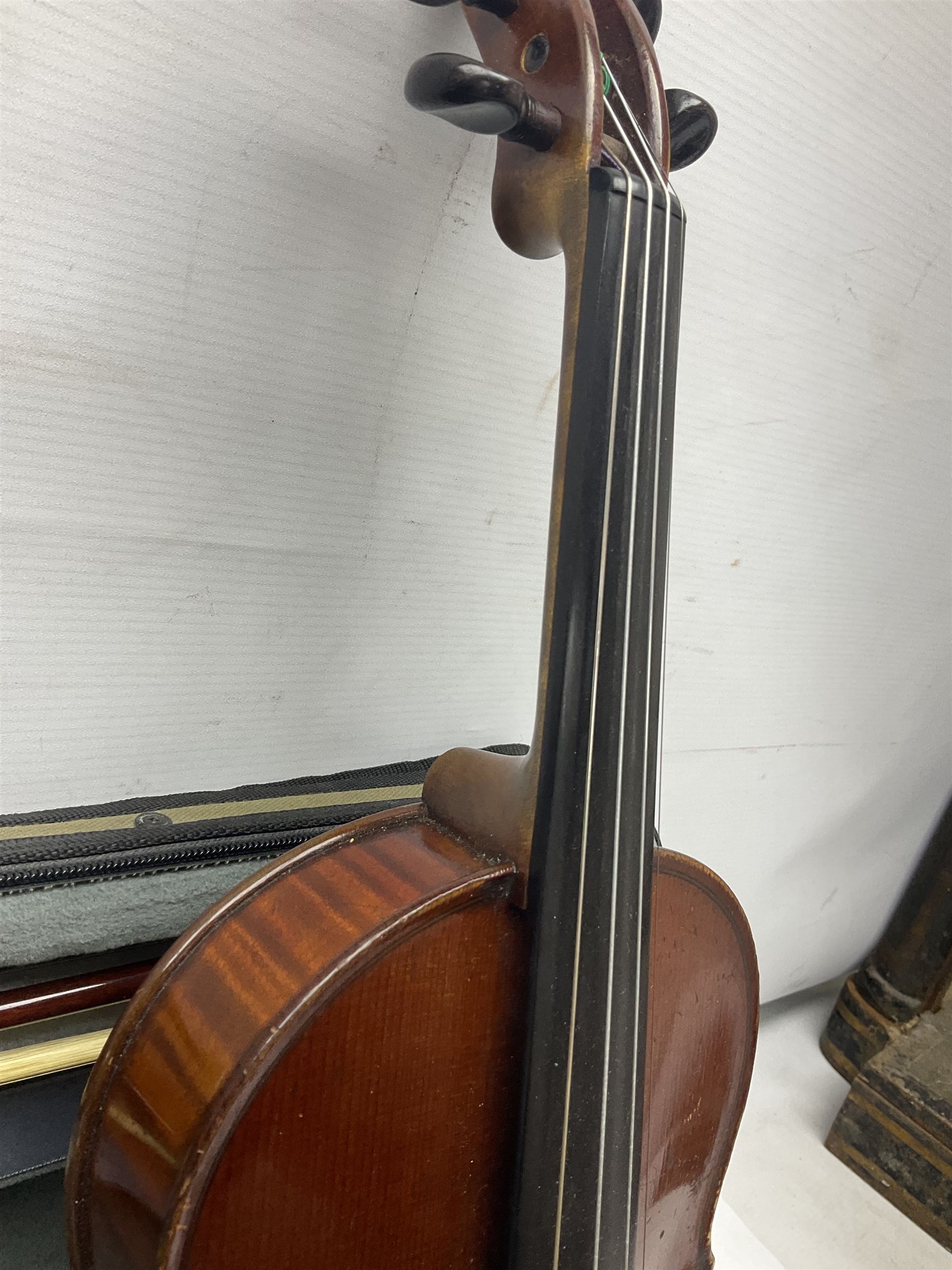 Early 20th century French Mirecourt violin with 35.5cm two-piece maple back and ribs and spruce top; bears label 'The Garrodus Violin H & Co No.1587 Anno 1912' L59cm overall; in modern fitted case with bow