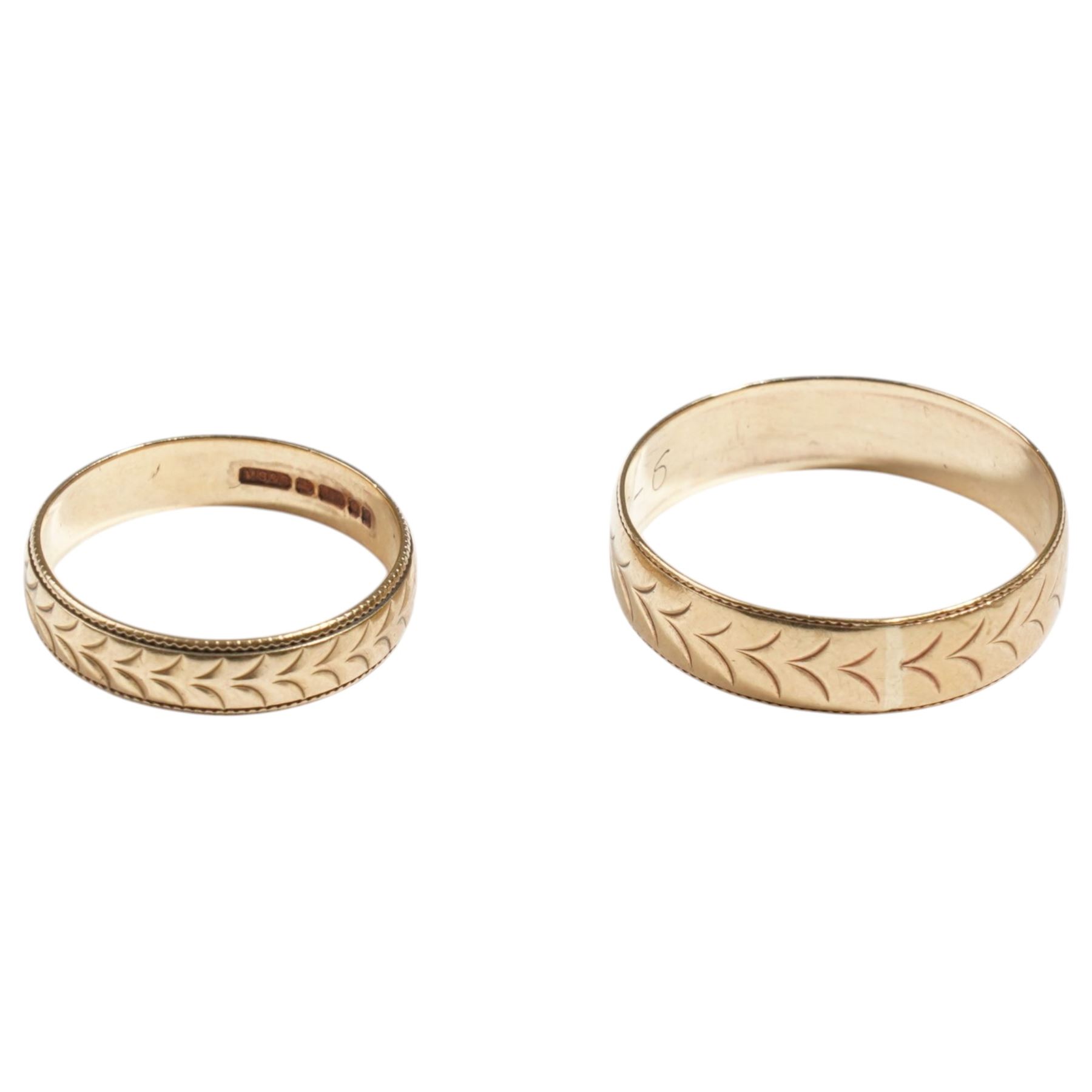 Two 9ct wedding bands, with engraved decoration