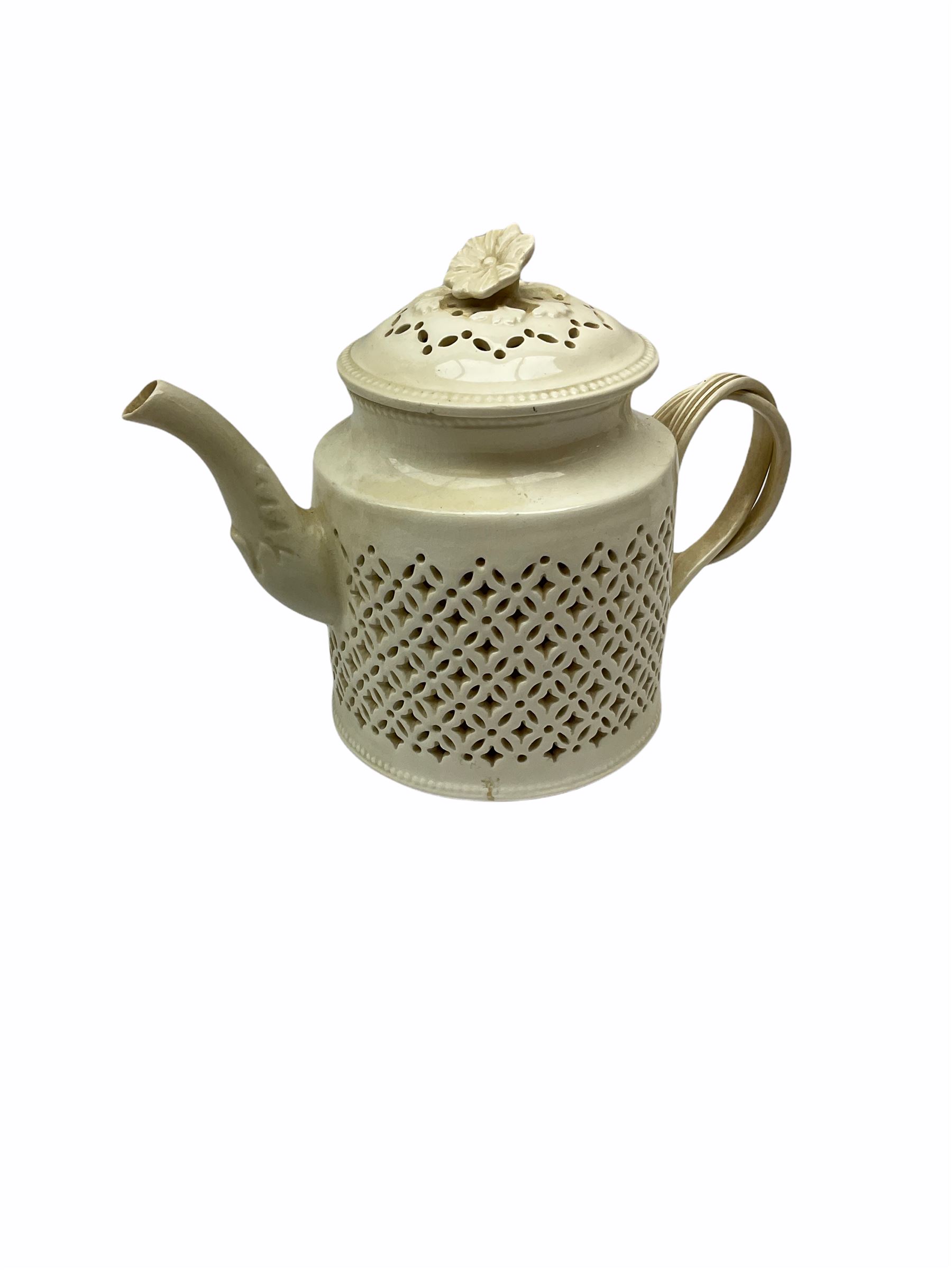 20th century Leeds creamware, comprising chestnut basket and stand, small tureen and cover, ladle, and associated stand, candlestick with stem modelled as a dolphin, teapot, tureen and cover in the form of a melon with fixed stand, and toast rack (toast rack a/f), each with impressed mark beneath. 