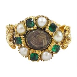 Georgian gold emerald and pearl mourning ring, the glazed central panel containing locket ...