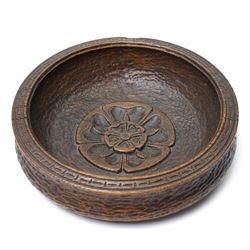 Carved bowl with central Yorkshire Rose motif, with white metal plaque, D25cm; and a similar turned bowl with white metal plaque, D22cm (2)