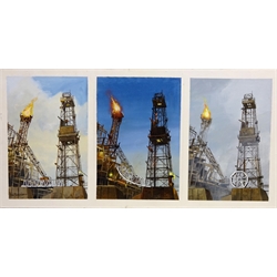 North Sea Oil Platform Industrial Triptych, oil on canvas laid on board signed by Don Micklethwaite (British 1936-) 38cm x 76cm max (unframed)      
