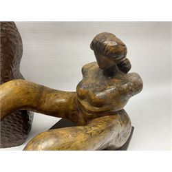 Helen Skelton (British 1933 – 2023): Four carved wooden abstract sculptures, each modelled as a figure with a adzed finish, largest H35cm. Born into an RAF family in 1933 in Kent and travelled the world extensively during her childhood. After settling in Bridlington, Helen immersed herself in painting, textiles, and wood sculpture, often inspired by nature's beauty. Her talent was showcased in a one-woman show at Sewerby Hall and recognised with the sculpture prize at Ferens Art Gallery in 2000. Sadly, Helen’s daughter passed away from cancer in 2005. This loss inspired Helen to donate her sculptures to Marie Curie upon her passing in 2023.