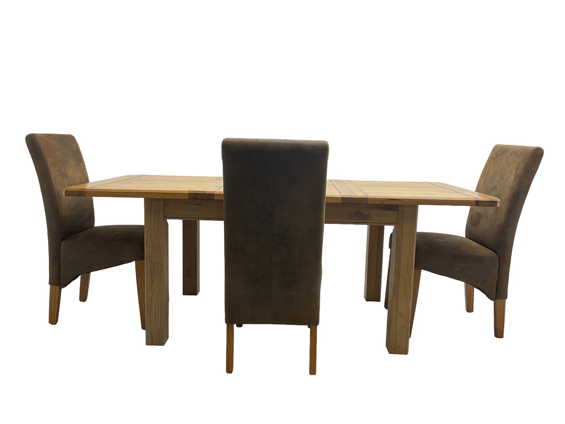 Contemporary oak extending dining table, rectangular top with canted corners on square supports, with two additional leaves (W133cm D93cm H78cm); and set four high back dining chairs, upholstered in brown faux suede (W46cm H103cm)