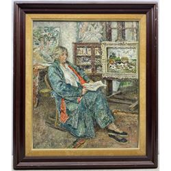 English School (Early/mid 20th century): Portrait of a Lady in the Artist's Studio, oil on board unsigned 60cm x 50cm