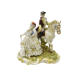  Capodimonte porcelain group depicting a courting couple gentleman on horseback handing a woman a bouquet of flowers, signed G. Cuman, H26cm.  Provenance Property of Bob Heath, Brandesburton Formerly of Ravenfield Hall Farm near Rotherham  