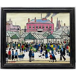 Follower of L S Lowry (Northern British 1887-1976): Busy Street Scenes, pair oil on canvas signed 'D Ayrton' max 40cm x 51cm (2)