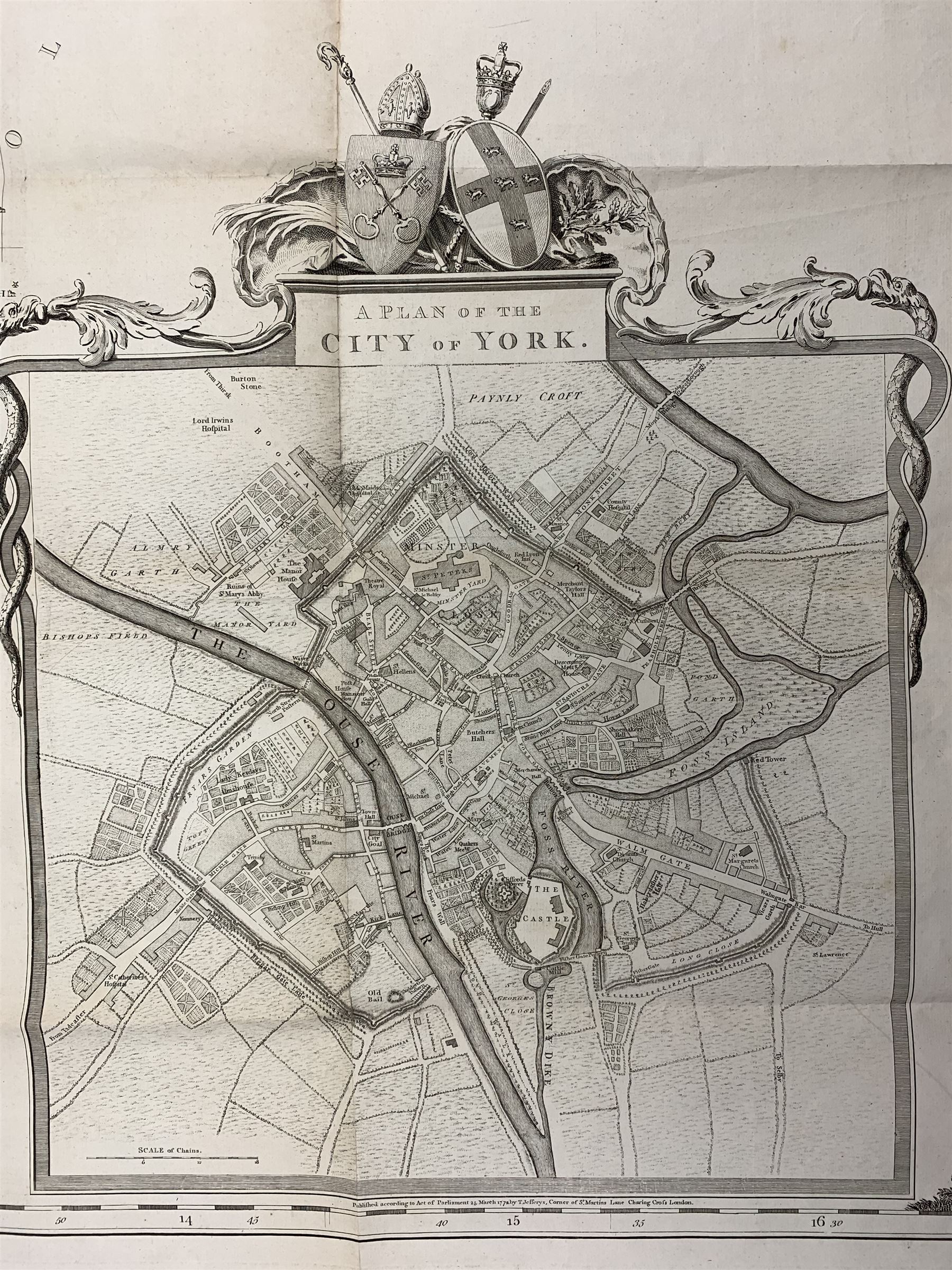 Thomas Jefferys (British 1719-1771): 'A Plan of the City of York', original engraved map with hand colouring pub. 1772, 74cm x 60cm (unframed)