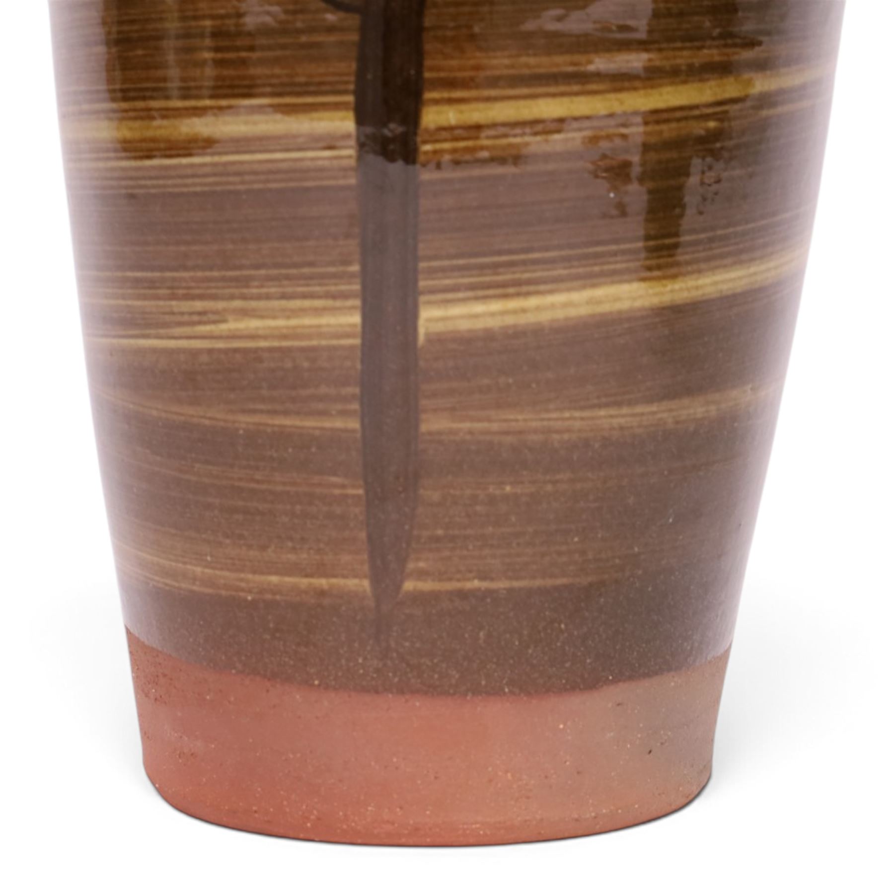 Studio pottery vase by Menston Art Pottery, decorated with brown and green slipware design, H39cm
