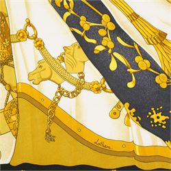 Hermes 'Soleil de Soie' or 'Silk Sun' silk scarf, in navy and gold colourway, designed by Caty Latham, 65cm x 65cm, in original Hermes box