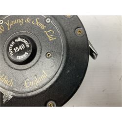 JW Young and Sons Ltd fishing reel, 1540 series, finished in matte black with gilt lettering