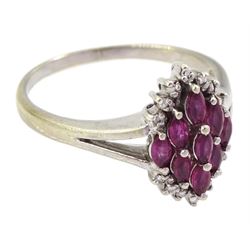 9ct white gold marquise cut ruby and diamond ring, hallmarked