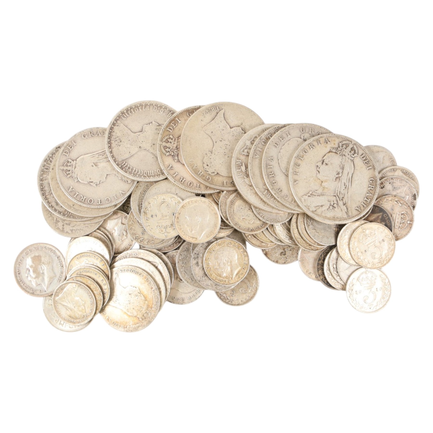 Approximately 250 grams of Great British pre-1920 silver coins, together with further British and world coins, in tartan biscuit tin