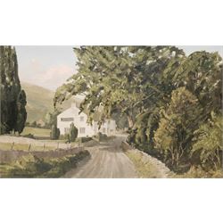 Claude Horsfall (British 1907-2003): 'The George Inn Hubberholme', oil on board signed and dated '83, titled and extensively inscribed with artist's Keighley address verso 36cm x 60cm