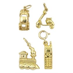 Four gold charms including car, train, scooter and mobile phone, all stamped or hallmarked 9ct