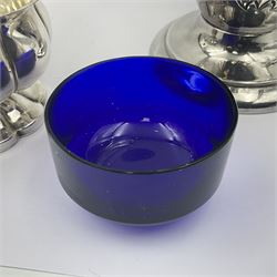 Art Nouveau silver plated claret jug, together with sugar bowl with a blue liner, jug H30cm