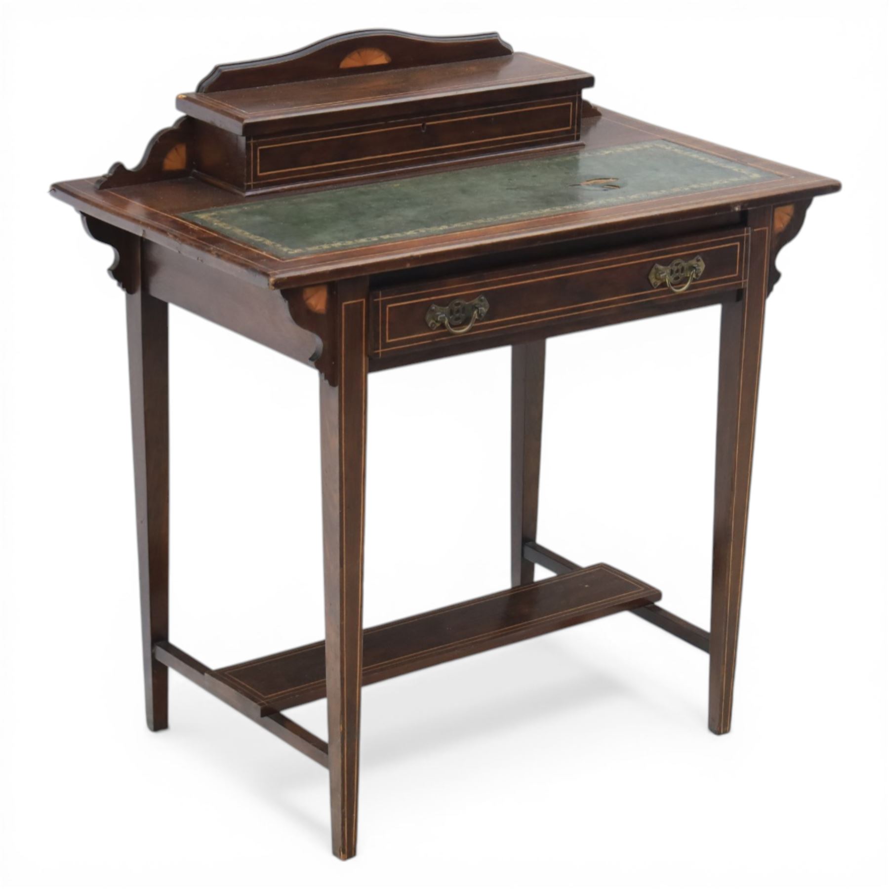 Edwardian inlaid rosewood writing desk, with raised back for an ink well, tooled green leather inset top, above a single drawer, raised on tapering square supports united by an undertier