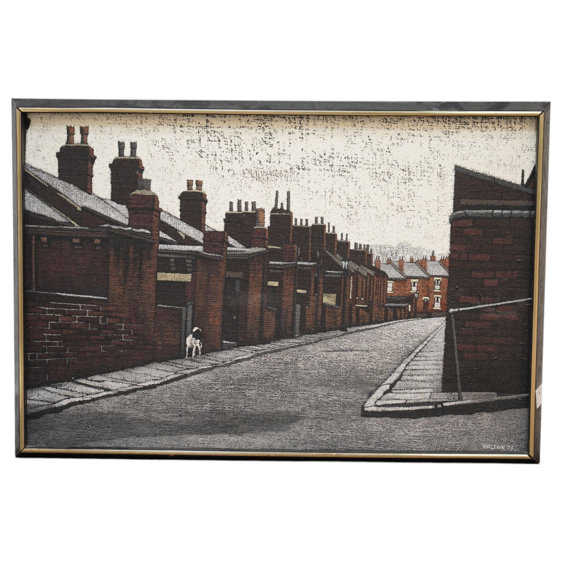 Stuart Walton (Northern British 1933-): 'Rosebank View - Leeds' with Dog, oil on board signed and dated '74, labelled verso 50cm x 75cm