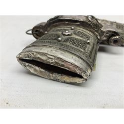 Omani Khanjar dagger, the 12.5cm curved blade with pronounced medial rib to either side, waisted horn style hilt with dome shaped pommel and inlaid pique work; in an intricately filigree decorated white metal scabbard with rings woven into the belt mount L25cm overall