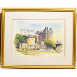 Peter Maslin (British Contemporary): The Spa and South Bay Scarborough, limited edition coloured lithograph signed and numbered 1/200 in pencil 29cm x 53cm; after Percy Hope: Grand Hotel and Rotunda, colour print 34cm x 48cm; Brian Seals (British Contemporary): Scarborough from Cayton Bay, watercolour signed 27cm x 37cm (3)