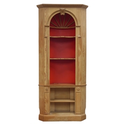  Georgian style pine barrel back corner bookcase, lunette carved cornice above shaped shelves with acanthus carved pediment, flower head carved and moulded surround, on plinth base, W103cm, H229cm  