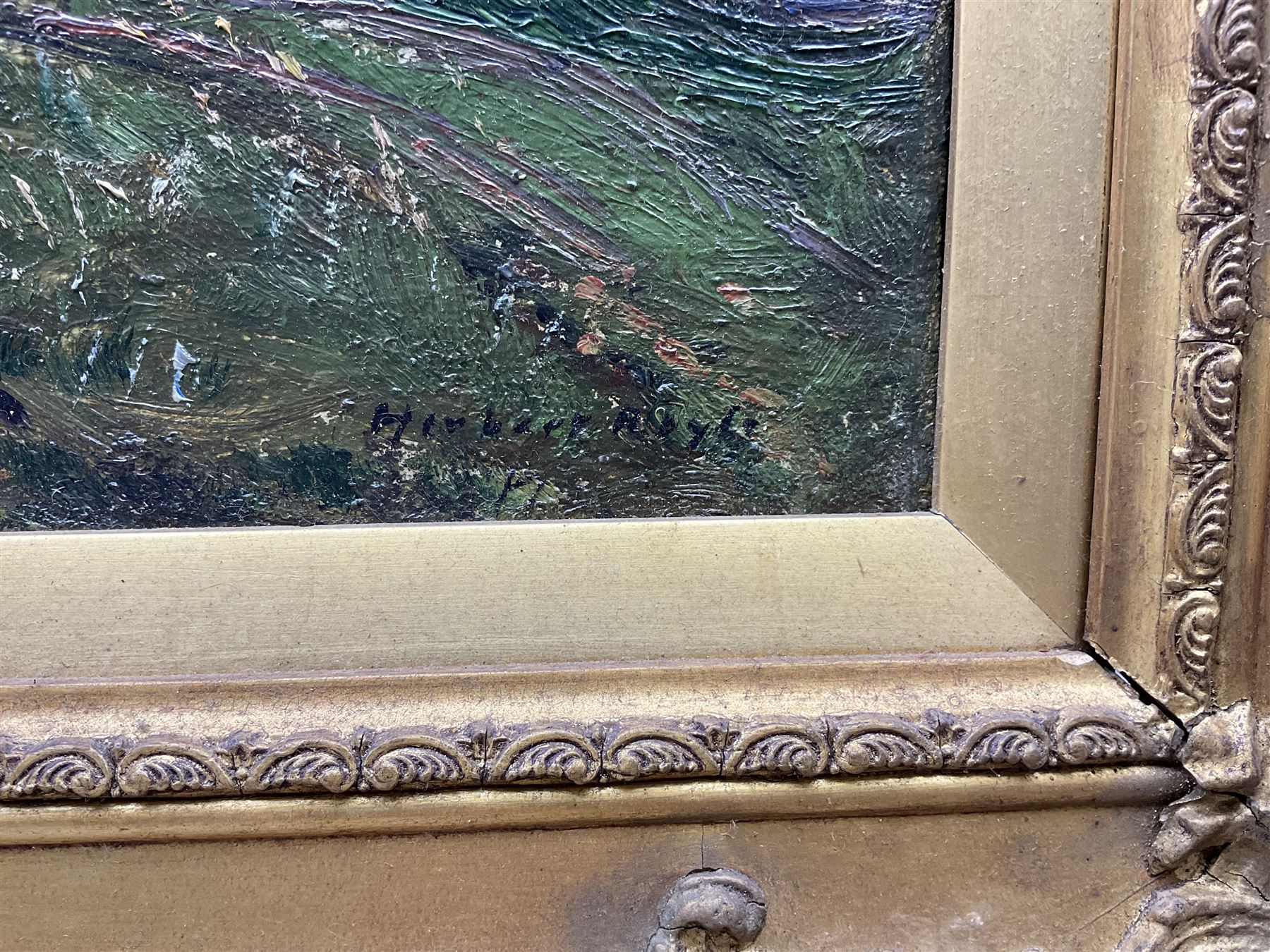 Herbert F Royle (British 1870-1958): Pastoral River Valley with Sheep and Horses Grazing, oil on canvas signed 50cm x 60cm