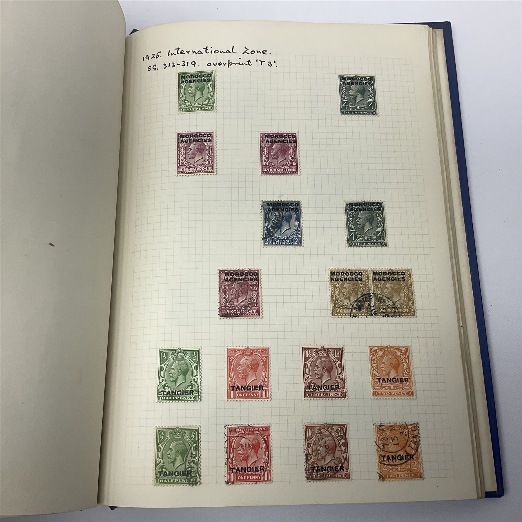 Queen Victoria and later Morocco Agencies and Tangier overprint stamps, including 1898 Morocco Agencies overprint on Gibraltar, some mint pairs, King Edward VII 1907-12 Morocco Agencies overprints with surcharge on two shillings and sixpence, five shillings and ten shillings, King George VI 1917-26 Morocco Agencies overprints on seahorses with half crown, five shillings and ten shilling values, Spanish French and International zones represented etc, housed in single blue album