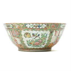 19th century Chinese Canton bowl decorated with panels of figures and flowers in famille rose enamels D34cm