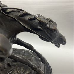 After E Loiscay, bronzed figure group, modelled as two race horses, signed E Loiscay, upon a stepped marble plinth, overall H28cm
