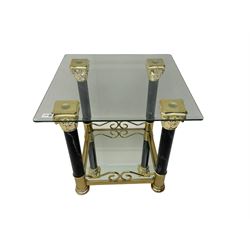 Contemporary two-tier coffee table, square glass top supported by marble effect columns with gilt metal corinthian capitals, united by mirrored undertier 