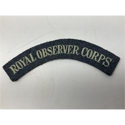 WW2 Royal Observer Corps - approximately one-hundred and seventy aircraft recognition cards; 1938 Instruction Booklet; cap badge and lapel badge; and cloth shoulder title