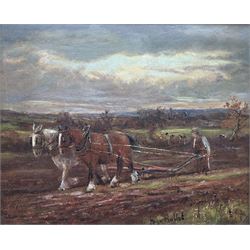 Henry Rollet (British exh.1886-1916): Ploughing the Fields at Dusk, oil on board signed 22cm x 27cm