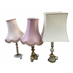 Three table lamps of onyx and gilt design with shades
