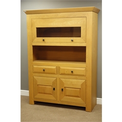  Solid oak dresser cabinet, fitted with hinged lift up display door, above open space, two drawers and cupboards, W138cm, H165cm, D52cm  