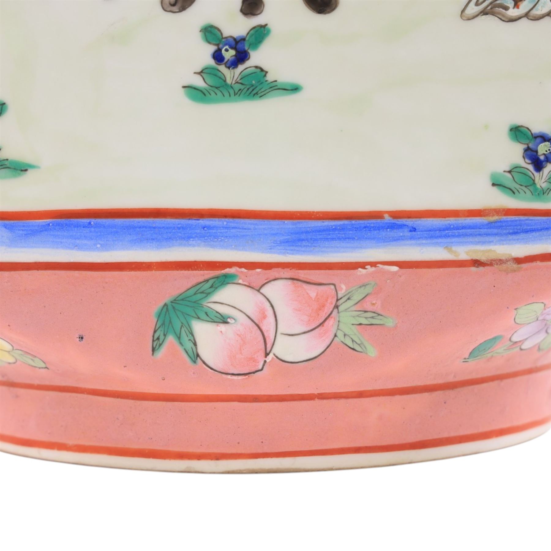 Famille Rose vase decorated with panels of figures in a garden, H37cm