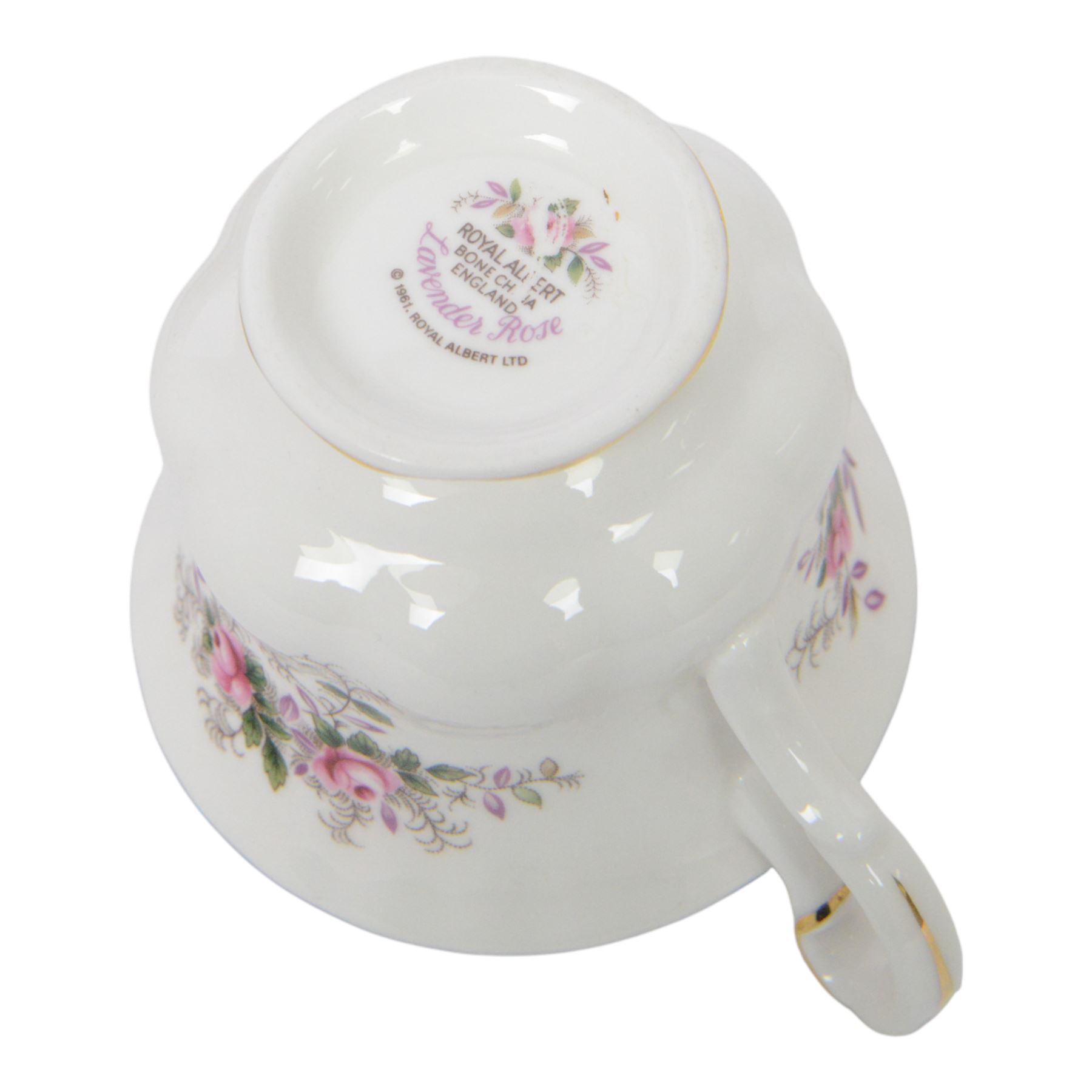 Royal Albert Lavender Rose pattern tea service for six including teapot, jug, open sucrier, teacups and saucers, side plates, dinner plates etc  
