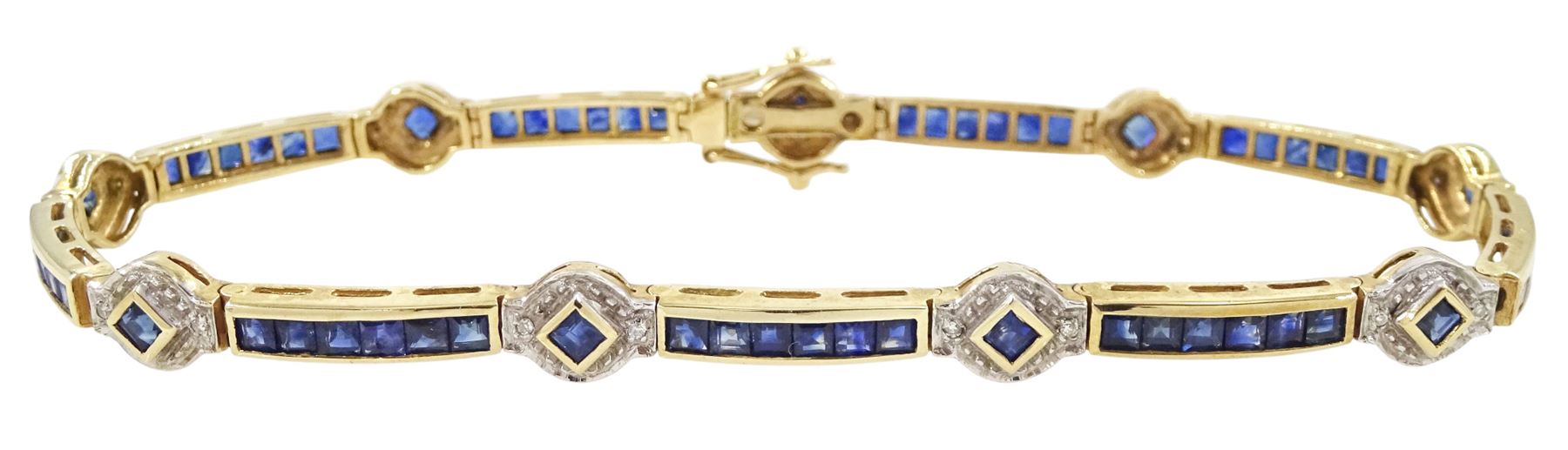 9ct gold sapphire and diamond bracelet, nine square cut sapphire and diamond chip clusters, each spaced by six channel set sapphire links, hallmarked