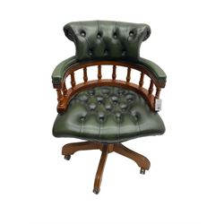 Victorian design captains swivel desk chair, upholstered in green finished buttoned leather