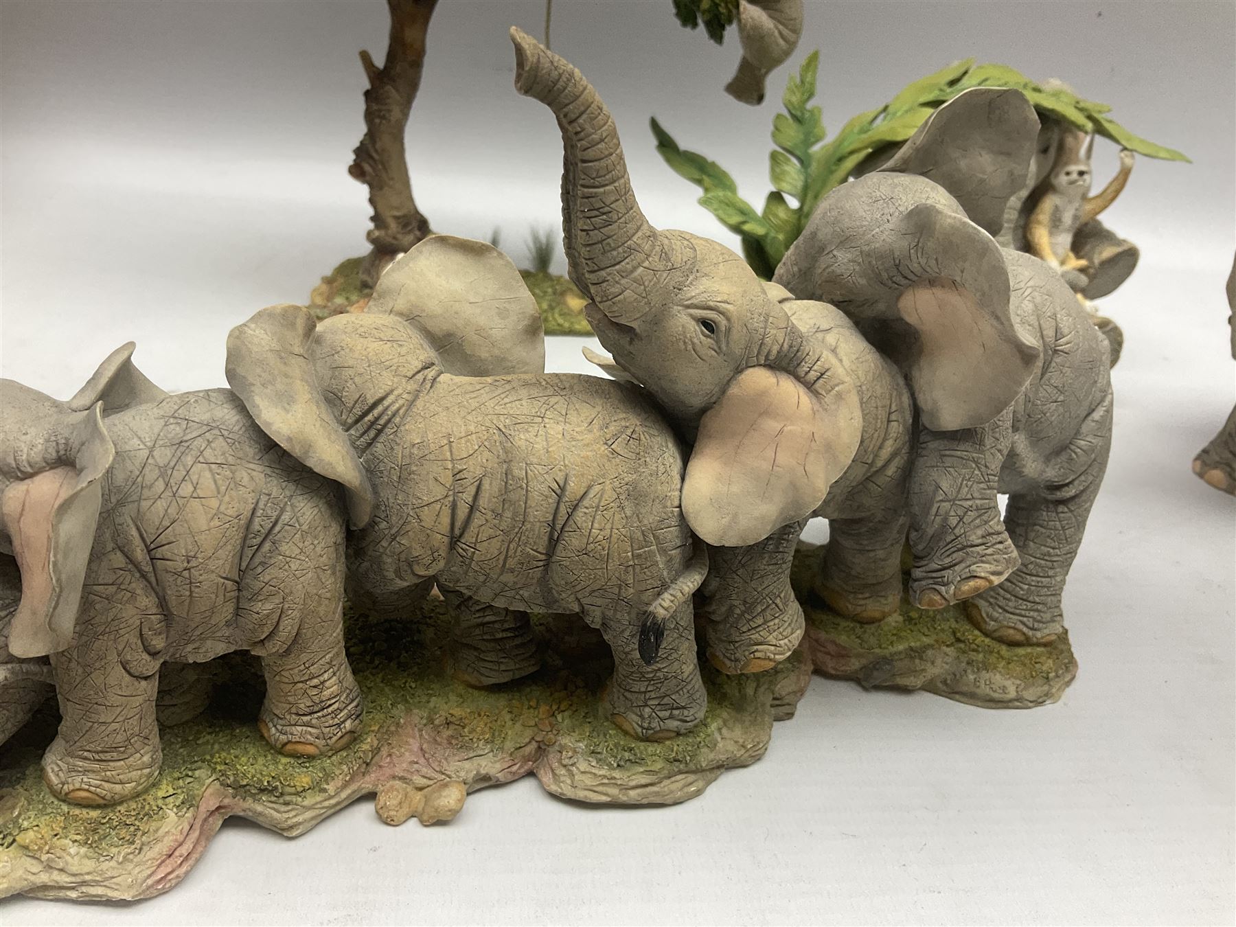 Seven Tuskers elephant figure groups, to include limited edition Stop! Mice Crossing 3479/4000 and Hide n' Squeak 77/4000, Love is... Sharing, Always a Safe Haven, Together Always etc, tallest H24cm