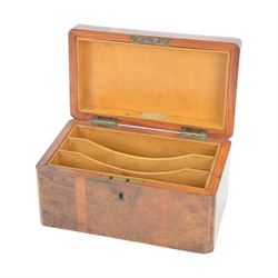 Burr walnut Stationery box, with poker work decorated, the hinged lid opening to reveal three letter interior, with manufacturer plaque for E Elfick 22 Leinster Terrace, Upper Hyde Park Gardens, H12cm