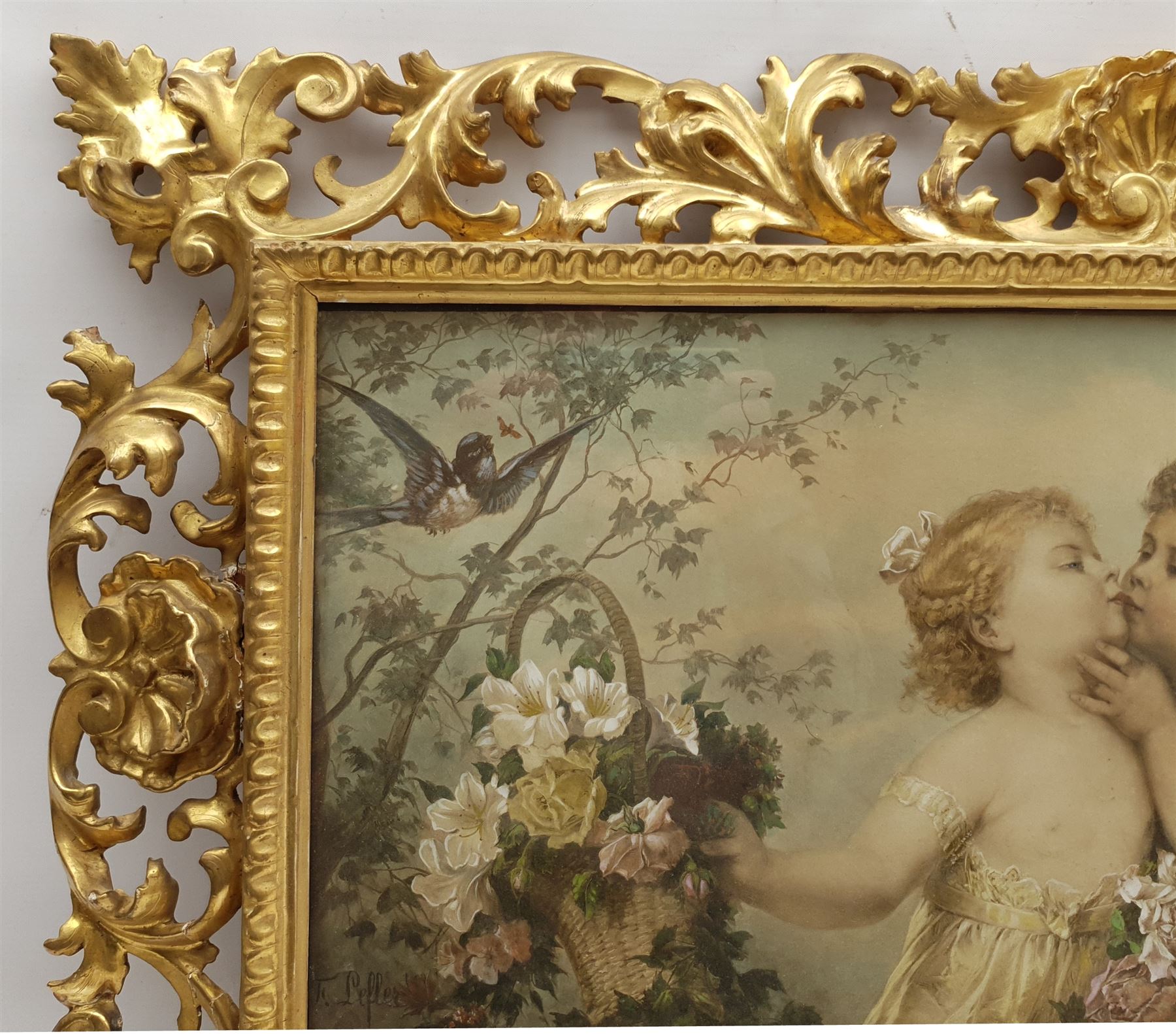 FRAMES - Ornate 19th century Florentine carved giltwood frame, shell pediments surrounded by scrolling acanthus leaves, containing a French lithograph, aperture 29cm x 68cm