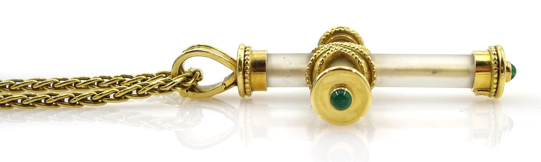 Theo Fennell 18ct gold rock crystal and round cabochon emerald cross pendant, London 1994, on original 18ct gold Spiga link necklace, Birmingham import marks 1992, in original box