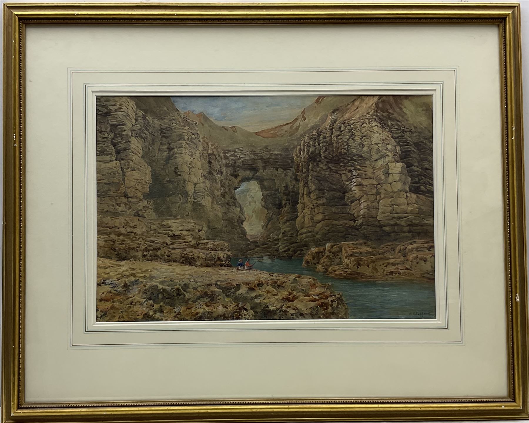 William Henry Stopford (Irish 1842-1890): 'Natural Arch between the Cliffs at Flamborough Head' with Children Fishing, watercolour signed, titled verso 33cm x 49cm