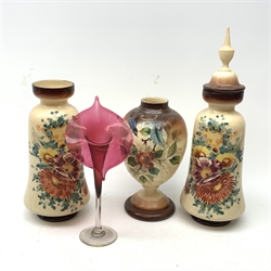 A late 19th century Jack in the Pulpit glass vase, with clear foot rising to a flared cranberry trumpet with wide rim, H33.5cm, together with a Victorian opaque glass vase and cover hand painted with a blue tit and fruiting vine, H45cm, and a pair of Victorian opaque glass vases hand painted with flowers, H4cm. 