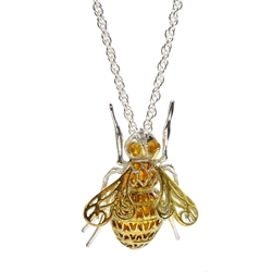 Silver amber set bee pendant necklace, stmaped 925