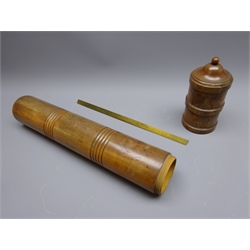  Large 19th century boxwood Ship's chart holder, cylindrical body with reeded bands and screw top with finial, D10cm, L69cm  