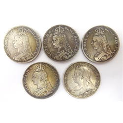  Five Great British Queen Victoria crowns, 1888, three 1889 and one 1893 (5)  