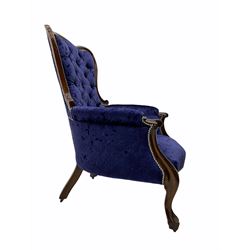 Victorian style mahogany framed armchair, upholstered in blue crushed velvet studded fabric