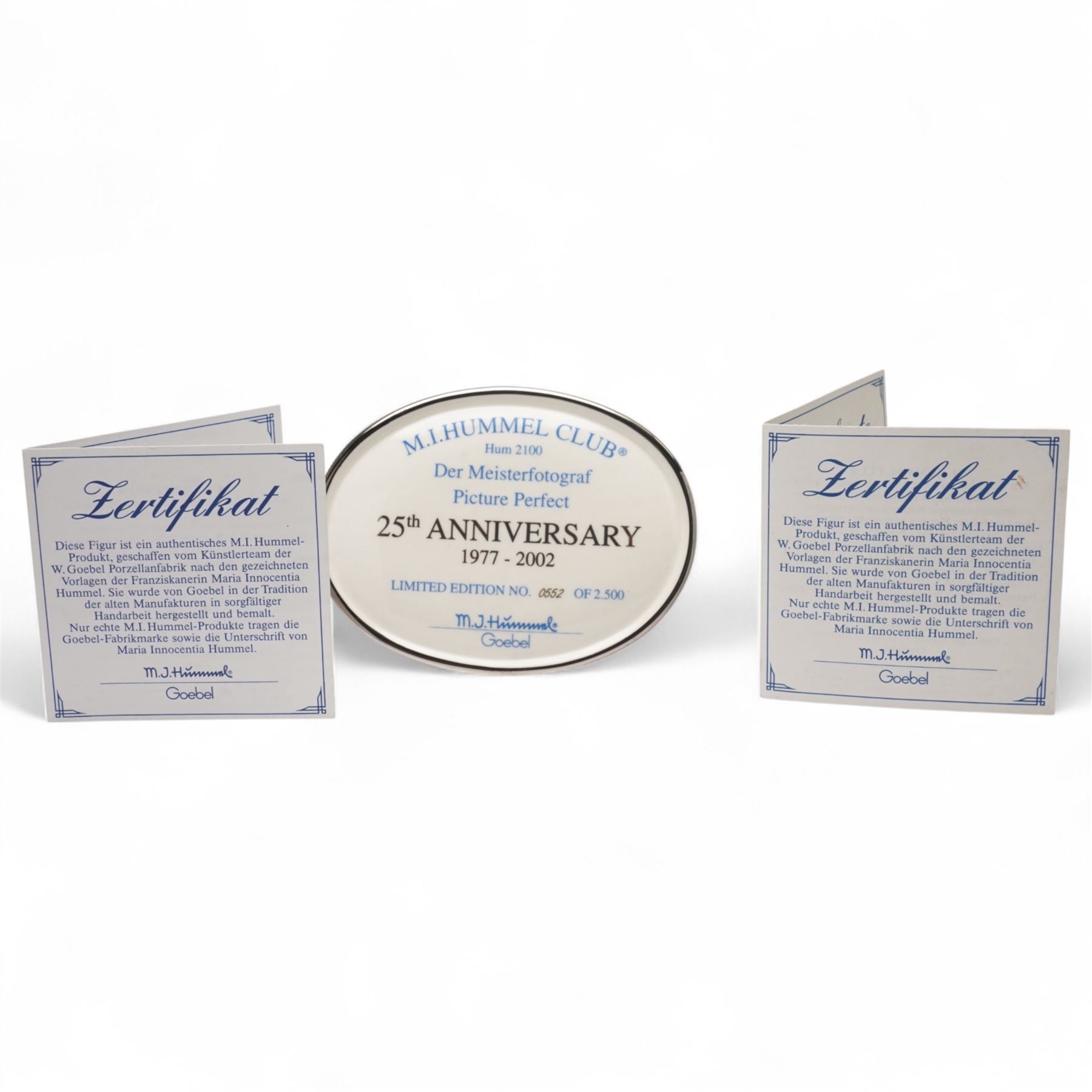 Goebel M I Hummel Club limited edition 25th Anniversary Group figurine 'Picture Perfect', numbered 552/2500, modelled as four children taking a photograph, with stand and plaque, printed marks to base, excluding plinth W27cm 