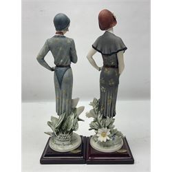 Set of four Giuseppe Armani Florence figures, Iris, Rose, Lily and Daisy, each modelled as ladies in 1920s dress amongst flowers, with names and signature inscribed and upon mahogany base, H23cm